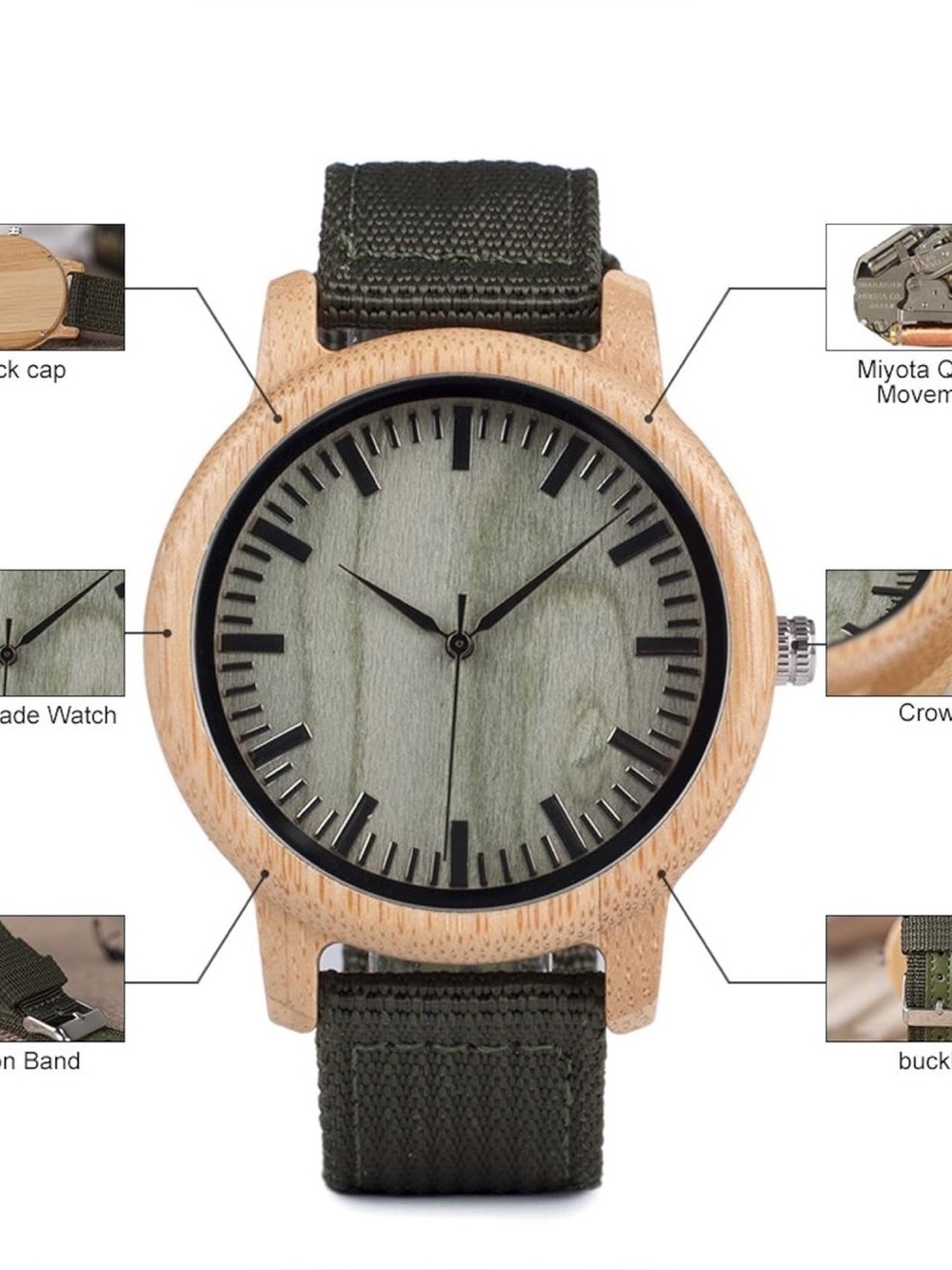 Bamboo minimalist watch, barely worn. Olive green nylon strap.